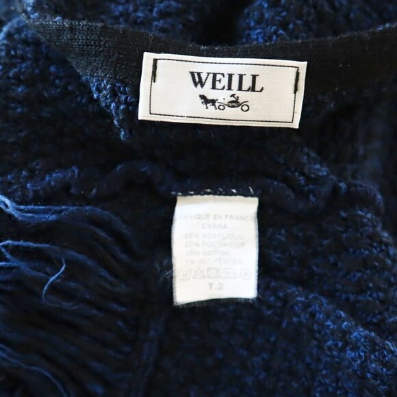 Weill Paris Cardigan Sweater Fringe Hem Mottled Navy Blue Black Knit Size T2 - Picture 3 of 3